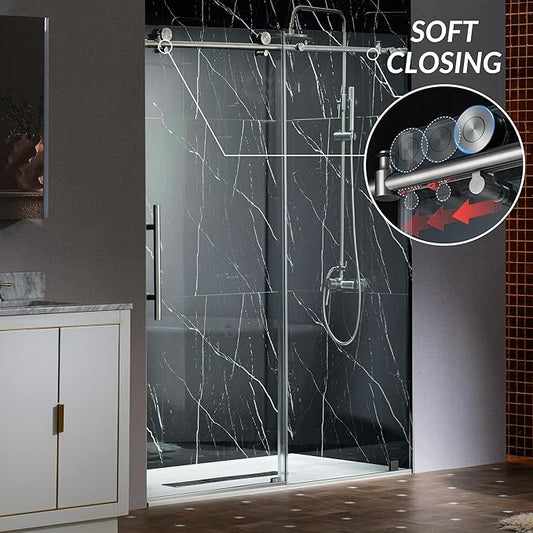 Woodbridge 57.5-60" Wx76 H Soft Close Frameless Shower Door,3/8"(10mm) Explosion-Proof Tempered Glass, Brushed Nickel Finish, BSDC6076-B