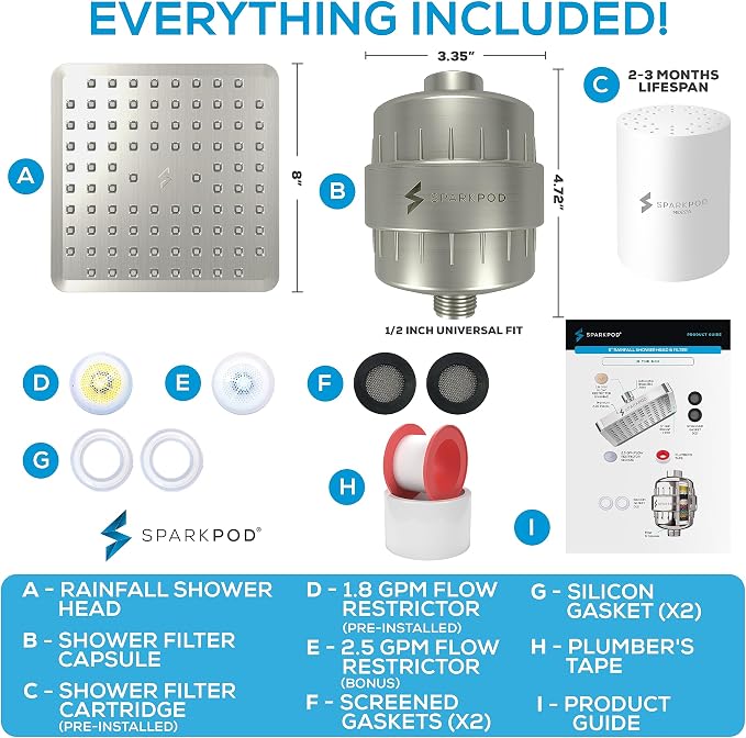 SparkPod Filtered Shower Head, 23-Stage, 8" Square, Brushed Nickel | Showerhead for Hard Water, High Pressure, Reduces Chlorine, Heavy Metals, For Dry Skin & Hair, Removable Capsule Filter