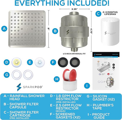 SparkPod Filtered Shower Head, 23-Stage, 8" Square, Brushed Nickel | Showerhead for Hard Water, High Pressure, Reduces Chlorine, Heavy Metals, For Dry Skin & Hair, Removable Capsule Filter