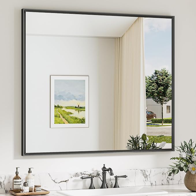 Keonjinn 42 x 36 Inch Black Bathroom Mirrors for Over Sink, Metal Frame | Rectangular Mirrors for Wall, Beveled Framed Design, Rustic Bathroom Vanity Mirror, Safety HD Tempered Glass, Square Corner