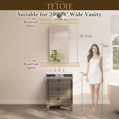 TETOTE 20 x 40 Bathroom Mirror with Storage with Tempered Beveled MirrorSilverMedicine Cabinet Aluminum Cabinet DTC Hinges, Stepless Adjustable Shelves, Recessed/Surface-Mounted