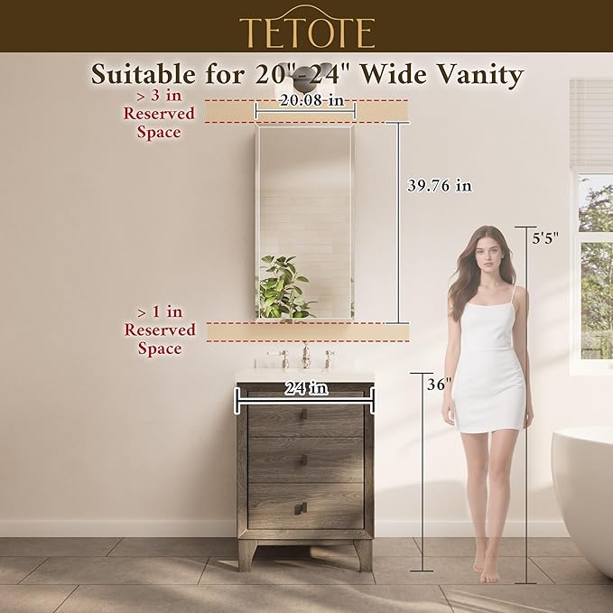 TETOTE 20 x 40 Bathroom Vanity Mirror Cabinet with Tempered Beveled MirrorWhiteMedicine Cabinet Aluminum Cabinet DTC Hinges, Stepless Adjustable Shelves, Recessed/Surface-Mounted