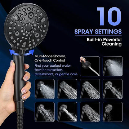 Shower Head with Handheld, High Pressure 10 Spray Modes, Matte Black | Built-in Pause Function, Power Wash Mode, Anti-Clog Nozzles, 71 Inch Stainless Steel Hose, Adjustable Overhead Bracket
