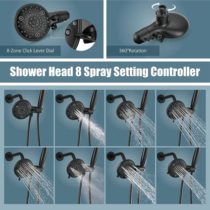 Aolemi Tub Shower Faucet Set Dual 8 Mode Head Valve Kit Matte Black | Valve and Trim Kit, ABS Shower Head and Handheld System, Bathroom Bath Tub Spout 6.3",SUS304,Single Handle