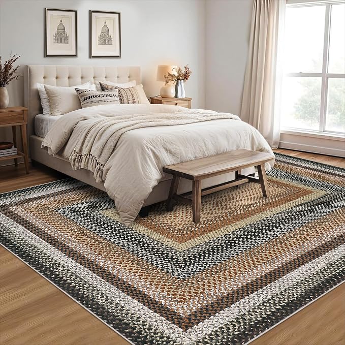 Imitation Braided Collection-Print Washable Area Rugs 6x9 Rug for Living Room Non Slip Modern Soft Bedroom Rug Farmhouse Throw Rugs Stain Resistant Carpet for Classroom Dining Room 6'x9'