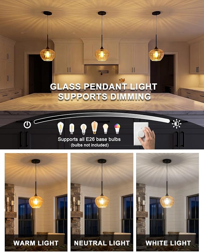 Glass Pendant Lights Kitchen Island, 7.7" Vintage Amber Pendant Lighting Samll Hanging Light Fixtures for Kitchen, Dining Room, Sink, Bathroom
