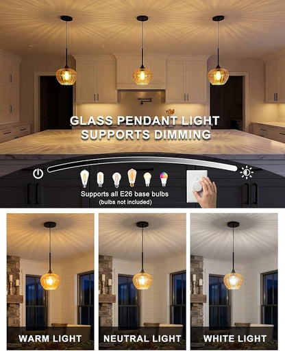 Glass Pendant Lights Kitchen Island, 7.7" Vintage Amber Pendant Lighting Samll Hanging Light Fixtures for Kitchen, Dining Room, Sink, Bathroom
