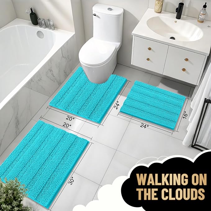 OLANLY Thick Bathroom Rugs 30x20, Soft Chenille Striped Bath Rugs, Aqua Sky | Rubber Backing, Machine Wash, Extra Absorbent Bath Mats for Bathroom Floor, Tub and Shower, Home Decor Accessories