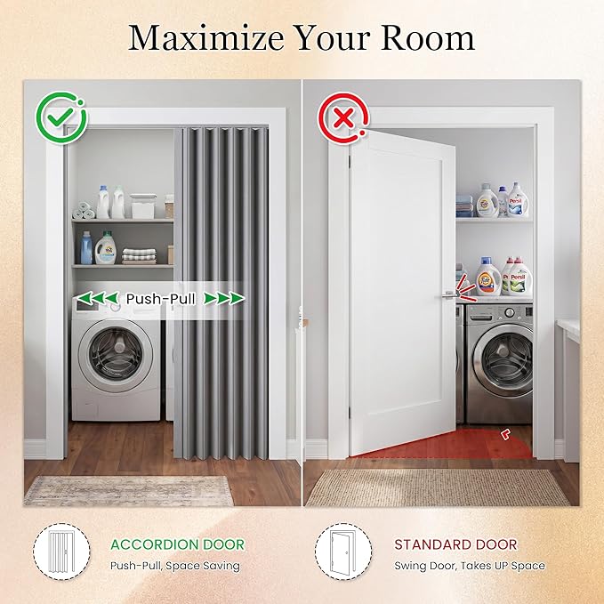 SmartStandard 32" x 80" Accordion Doors Interior, Double Walled, Gray Oak | Easy to Assemble, Save Space, PVC Accordion Folding Doors for Closet Doorway Basement, with Track and Hardware