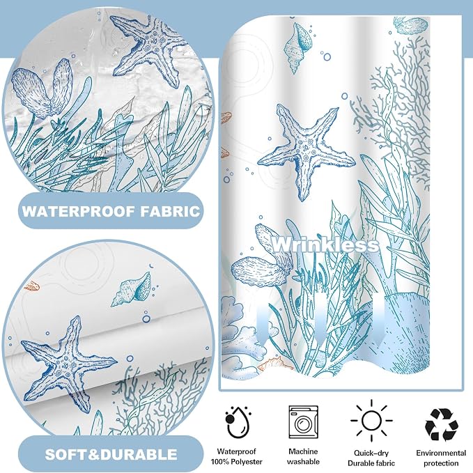 No Hook Shower Curtain and Liner Set, Orange Beach Coastal 71x84 | Nautical Ocean for Bathroom, with Snap in Liner Replacement, Mesh Top Window, Waterproof, Machine Washable, Quick-Drying