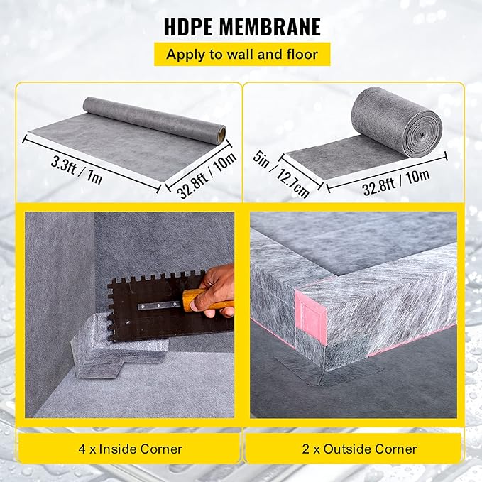 VEVOR Shower Curb Kit, 48"x72" Watertight Shower Curb Overlay with 4" ABS Central Bonding Flange, 4" Stainless Steel Grate, 2 Cuttable Shower Curb and Trowel, Shower Pan Slope Sticks Fit for Bathroom