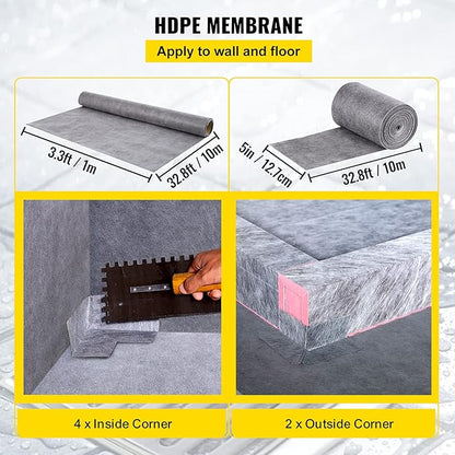 VEVOR Shower Curb Kit, 48"x72" Watertight Shower Curb Overlay with 4" ABS Central Bonding Flange, 4" Stainless Steel Grate, 2 Cuttable Shower Curb and Trowel, Shower Pan Slope Sticks Fit for Bathroom