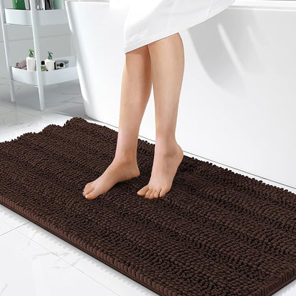 OLANLY Thick Bathroom Runner Rugs 47x24, Soft Chenille Bath Rugs, Brown | Absorbent Striped, Rubber Backing, Machine Wash, Long Bath Mats for Bathroom Floor, Tub and Shower, Home Decor Accessories