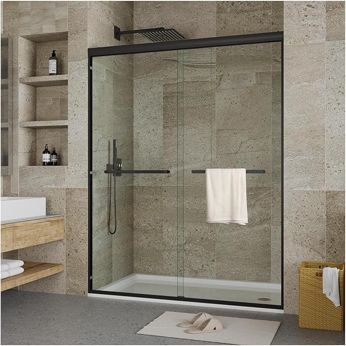 44" - 48" W x 72" H Semi-Frameless Double Sliding Shower Door, Bypass Walk-in Shower Enclosure with 1/4" Tempered Glass, Matte Black Finish