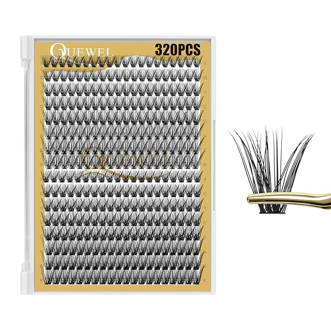 QUEWEL Lash Clusters 320Pcs 40D+50D C Curl Lash Cluster Eyelash Extensions | Cluster Lashes Mix9-16mm Individual Eyelashes Clusters Wispy Lash Clusters Thin Band Soft to Use at Home(40D+50D C Mix9-16)