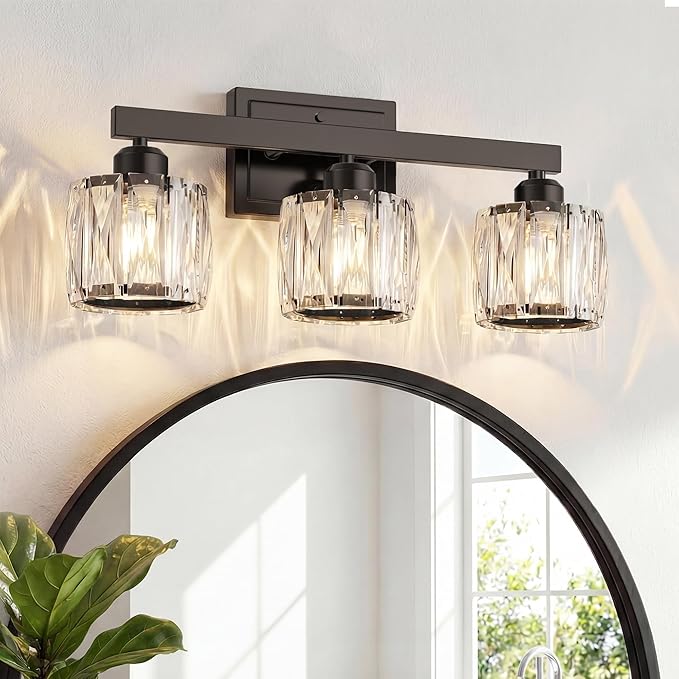 VOLISUN Crystal Vanity Lights for Bathroom, 3 Light Bathroom Vanity Light, Modern Matte Black Bathrooms Light Over Mirror, Black Bathrooms Lights Fixtures-UL Certificated(Exclude Bulb)