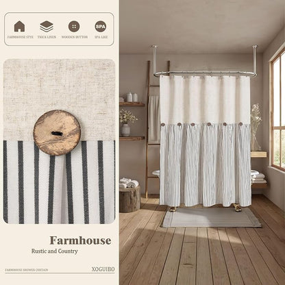 Farmhouse Shower Curtain Linen Button Black Stripe 72" W x 72" L | Farmhouse Style, Chic Button, Striped, Linen Fabric, Rustic, Country, Natural Look, Washable, for Bathroom Bathtub
