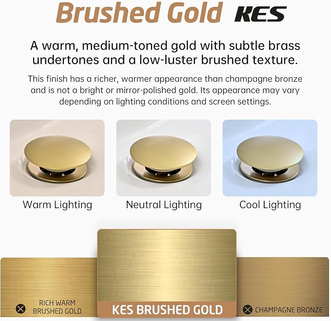 KES All Metal Bathroom Sink Drain with Strainer Basket Hair Catcher Anti Clog Pop Up Drain Stopper for Vanity Vessel Sink with Overflow, Rustproof 18/8 Stainless Steel Brushed Gold, S2013A-BZ