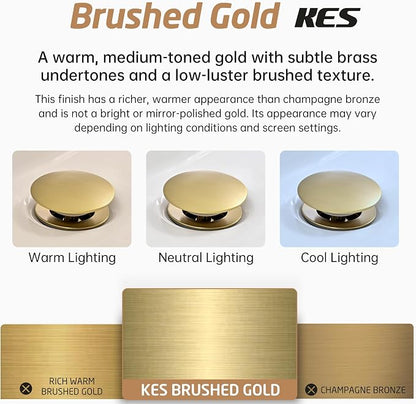 KES All Metal Bathroom Sink Drain with Strainer Basket Hair Catcher Anti Clog Pop Up Drain Stopper for Vanity Vessel Sink with Overflow, Rustproof 18/8 Stainless Steel Brushed Gold, S2013A-BZ