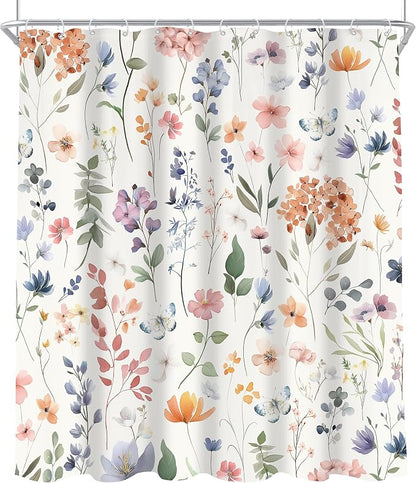 Boho Flower Extra Long Wildflower Girly Floral Bathroom Shower Curtain Set | 72"W x 84"H Leaves Botanical; waterproof HD print, quick-dry fabric and plastic hooks for easy setup.
