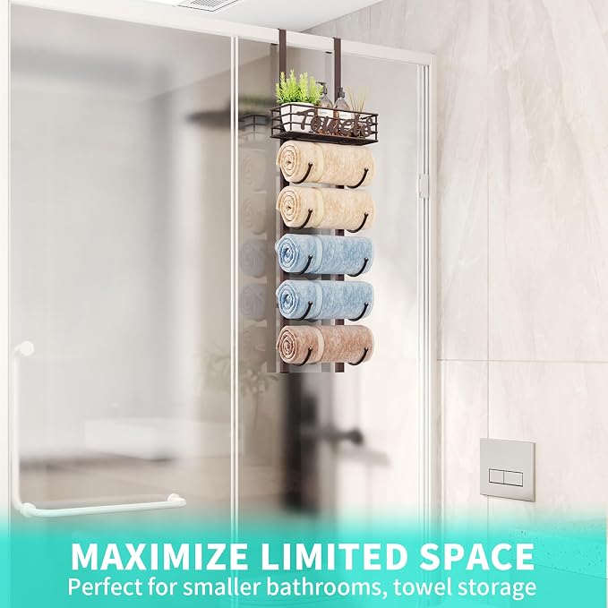 HapiRm Towel Racks for Bathroom Storage - 6 Tier Over The Door & Wall Mount Rolled Towel Storage Organizer Holder with Metal Shelf Basket for Small Bathroom, Camper, Rv - Bronze, Patented