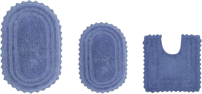 Better Trends 3 Piece Lilly Crochet Oval Rug Bath Mat Toilet Rugs U Shaped Set 100% Cotton, Soft Reversible Water Absorbent Washable Bath Rug for Bathroom Floor Decor, Contour Blue