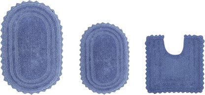 Better Trends 3 Piece Lilly Crochet Oval Rug Bath Mat Toilet Rugs U Shaped Set 100% Cotton, Soft Reversible Water Absorbent Washable Bath Rug for Bathroom Floor Decor, Contour Blue