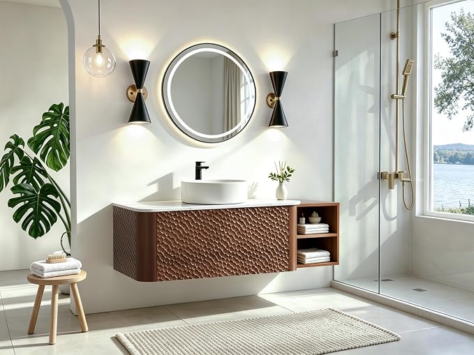 48 Inch Modern Bathroom Vanity with Ceramic Sink, Floating Bathroom Sink Cabinet with Sintered Stone Top&Solid Wood Hammered Frame, Single Bathroom Vanities w/Soft-Close Drawer&IDE Open Cube