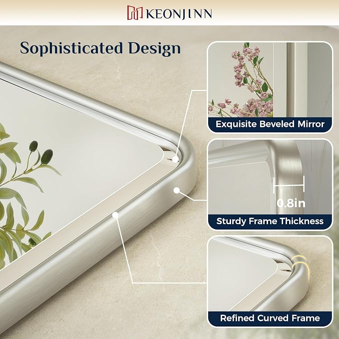 Keonjinn 24x36 Inch Brushed Nickel Povit Mirror for Bathroom, Tilt Mirror | Tenmpered Glass, Rectangle, Adjustable Bathroom Mirrors for Over Sink, Farmhouse, Metal Framed, Horizontal/Vertical