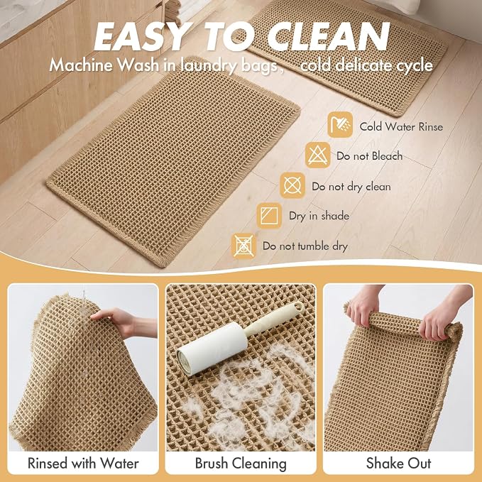 MIULEE Set of 2 Waffle Bathroom Rugs Boho Bath Mat Brown 20x32 Inch | Non Slip, Super Absorbent, Washable, Ultra Soft, Rubber Backed Bath Rugs for Bathroom Floor Tub Shower