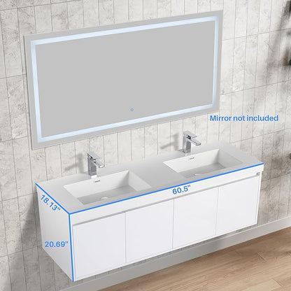 Blossom 60 Inch Wall Mounted Bathroom Vanity with Sink | Floating Wood Vanity Cabinet | Modern Soft-Close Doors & Storage | Space-Saving Design (Glossy White, 60'' Acrylic Double Sink)
