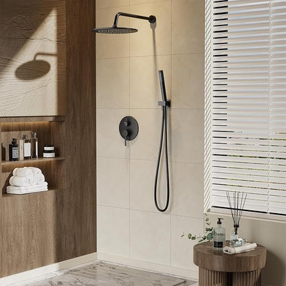 Gabrylly Shower System, 10" Wall Mounted Shower Faucet Set, Matte Black | Rain Shower Head with Handheld Spray Combo, All Metal Rainfall Shower Head Complete Set Shower Mixer Valve for Bathroom