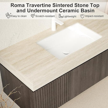 Ambrovina 36" Floating Bathroom Vanity with Sink, Modern Plywood Storage Vanities with Drawer and Door, Roma Travertine-Pattern Countertop and Ceramic Basin, Pre-Assembled Cabinet, Espresso Woodgrain