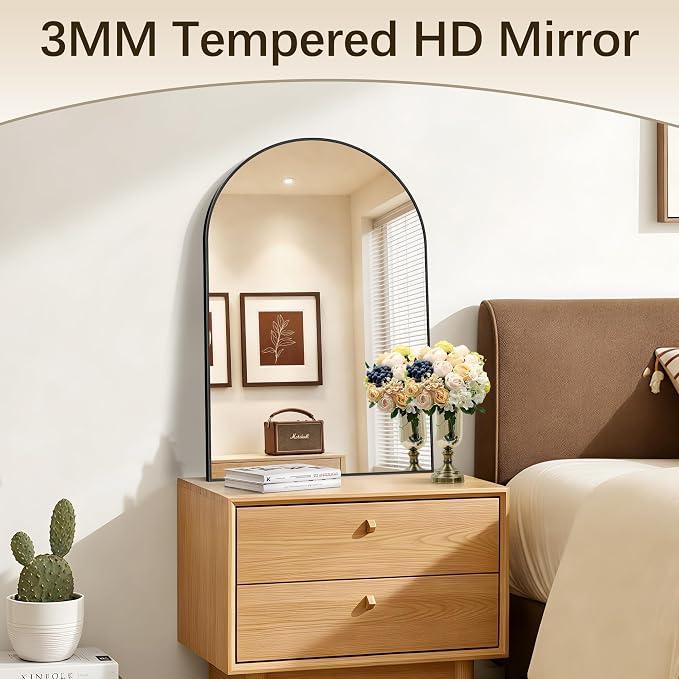 Arched Bathroom Mirror 16x24 Inch, Bathroom Mirror for Over Sink, Wall Mounted Vanity Mirror with Aluminum Frame & Tempered Glass, Ideal for Bedroom, Entryway, Living Room, Black