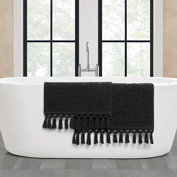 French Connection Nellore Bathroom Rugs, Set of 2 Woven and Beaded, Durable Bath Rugs, Thick Bath Mats for Bathroom and Shower Rugs, 20'' x 34'' and 17'' x 24'', Black