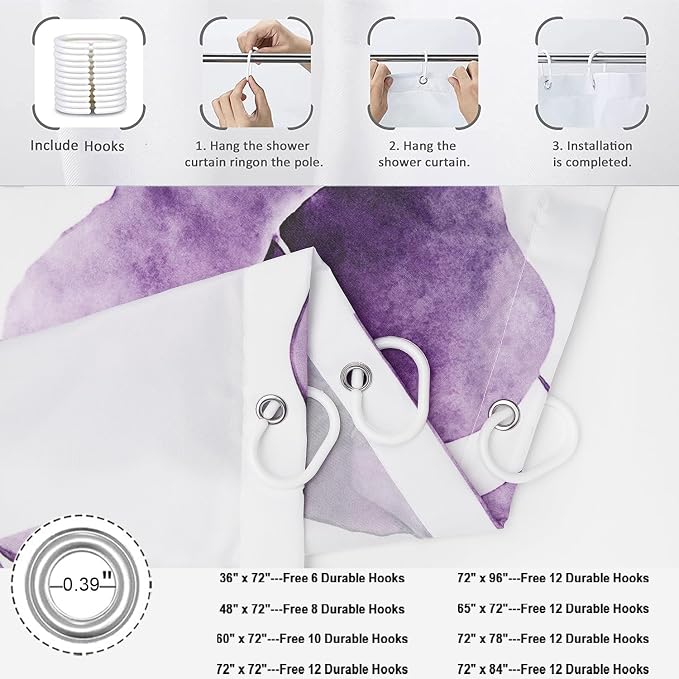 Purple Shower Curtain, Watercolor Eucalyptus Leaves Botanical Plants with Floral Bathroom Curtain Home Bathtub Decor Waterproof Fabric Machine Washable with 12 PCS Hooks,72" Wx78 L