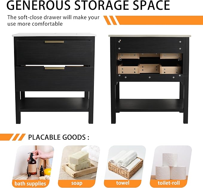 30'' Freestanding Bathroom Vanity, 30 Inch Floor Stand Bathroom Vanity with Sink, Single Ceramic Sink Cabinet Set, Modern Storage Cabinet, with Soft Closing Drawers, Storage Shelf, 01030BCTG