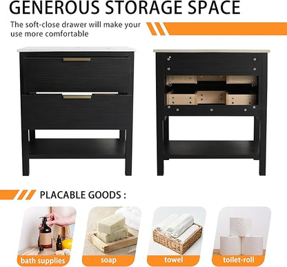 30'' Freestanding Bathroom Vanity, 30 Inch Floor Stand Bathroom Vanity with Sink, Single Ceramic Sink Cabinet Set, Modern Storage Cabinet, with Soft Closing Drawers, Storage Shelf, 01030BCTG
