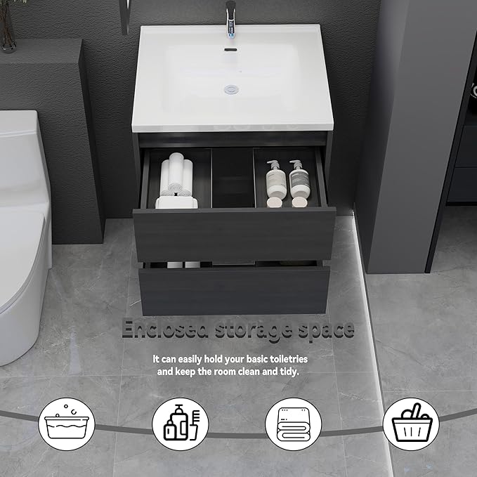 Grey Floating Bathroom Vanity with Sink, 23x18 Inch Wall Mounted Bathroom Cabinet with 2 Drawers, Modern Single Sink Vanity for Small Bathroom, Space-Saving Storage Cabinet