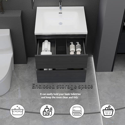 Grey Floating Bathroom Vanity with Sink, 23x18 Inch Wall Mounted Bathroom Cabinet with 2 Drawers, Modern Single Sink Vanity for Small Bathroom, Space-Saving Storage Cabinet