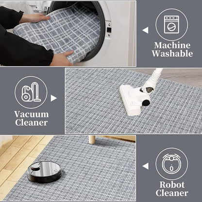 Washable Area Rug 9x12 Rug for Living Room Modern Geometric Large Area Rug for Bedroom Decor Plaid Grid Rug Non Slip Throw Rugs Low Pile Stain Resistant Carpet for Dining Room 9'x12' Grey