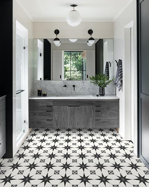 MORCART 40PCS 7.87" x 7.87" Peel and Stick Floor Tile, Black Stellar | Self-Adhesive DIY Vinyl Flooring, Removable and Waterproof Tile Sticker for Bathroom, Kitchen, Wall, Bedroom, Stairs
