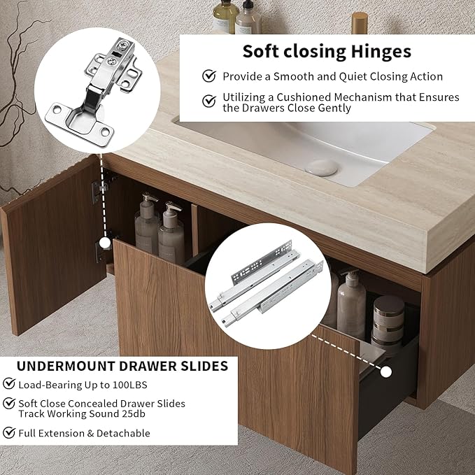 LKTART Floating 36 Inch Bathroom Vanity with Sink, Modern Plywood Wall Mounted Bathroom Storage Cabinet with 1 Door and 1 Drawer, Roma Travertine-Pattern Sintered Stone Countertop and Ceramic Basin