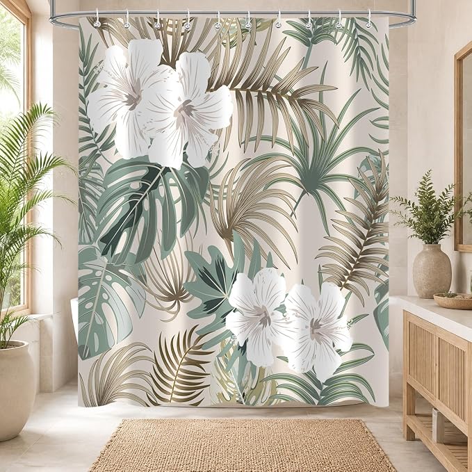 Tropical Shower Curtain for Bathroom, Green Palm Tree Flower Plant Boho Leaf Banana Monstera Sage Beige Shower Curtains Set, Fabric Bathroom Accessories with Hooks 60x72 Inch