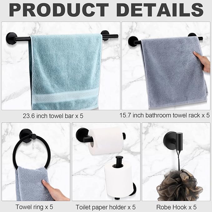 Gisafai 25 Pcs Matte Black Bathroom Accessories Hardware Set Black Towel Racks for Bathroom SUS304 Stainless Steel 23.6 Inch Towel Bar Ring Toilet Paper Holder Robe Hooks for Wall Mounted