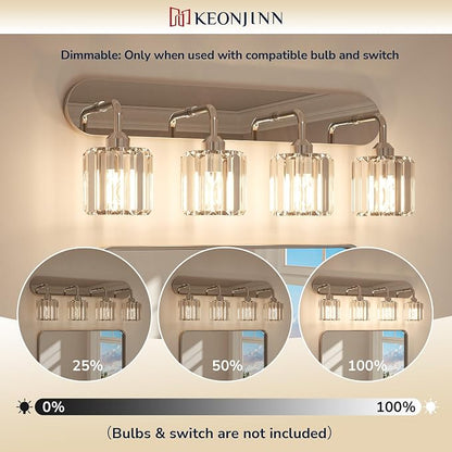 Keonjinn 4-Light Chrome Bathroom Light Fixtures Over Mirror, Crystal | Vanity Lighting Fixture with Crystal Square Shades, Dimmable, Modern Style, Compatible with E26 Base LED Bulbs (Exclude Bulb)