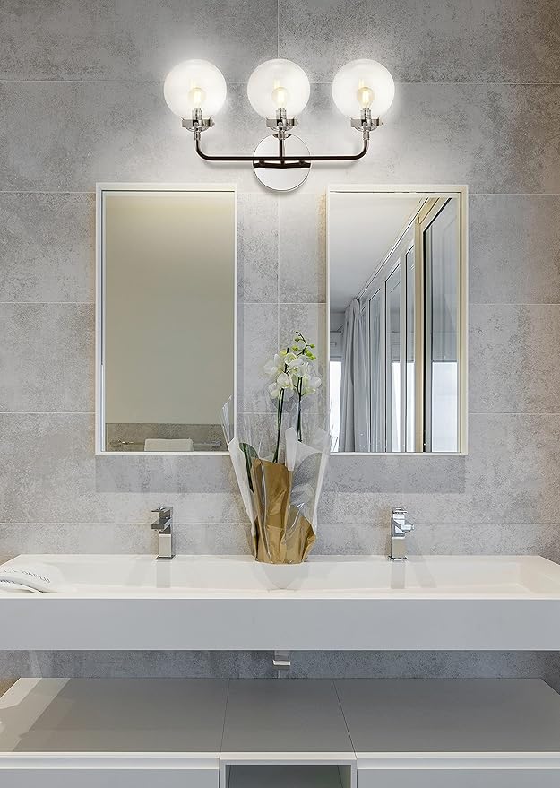 JONATHAN Y 22" Chrome/Black 3-Light LED Wall Sconce Vanity Lighting, Clear Glass Globe Shade Modern Contemporary Sconce for Bathroom Mirror, Hallway, UL Listed (JYL9058A)