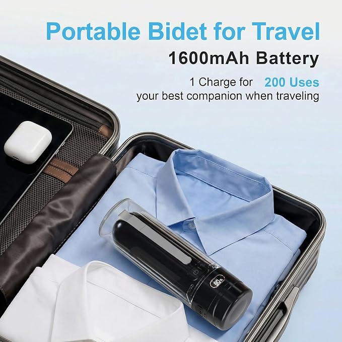 Electric Portable Bidet for Camping & Business Trips, Black | Pocket size whisper-quiet handheld sprayer 3 pressure modes 1600mAh Long-lasting Battery USB-C Rechargable IPX7 Waterproof