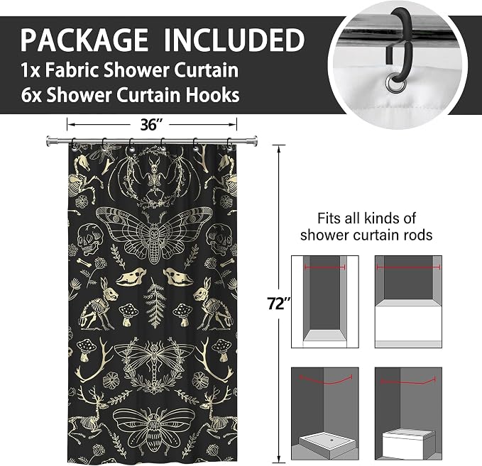 Halloween Black Gold Skeleton Moth Stall Shower Curtain Set 36x72 Inches | Black Gold Skeleton Moth Halloween Print, Witchy Gothic Decor, Ideal for Stall & Guest Bathroom, Great Housewarming Gift