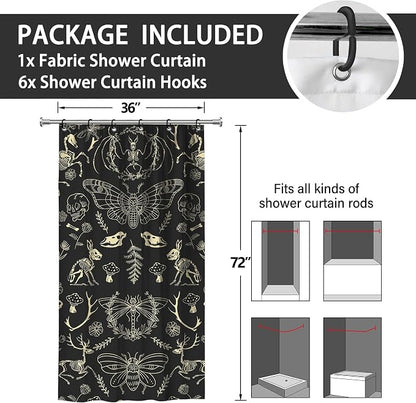 Halloween Black Gold Skeleton Moth Stall Shower Curtain Set 36x72 Inches | Black Gold Skeleton Moth Halloween Print, Witchy Gothic Decor, Ideal for Stall & Guest Bathroom, Great Housewarming Gift